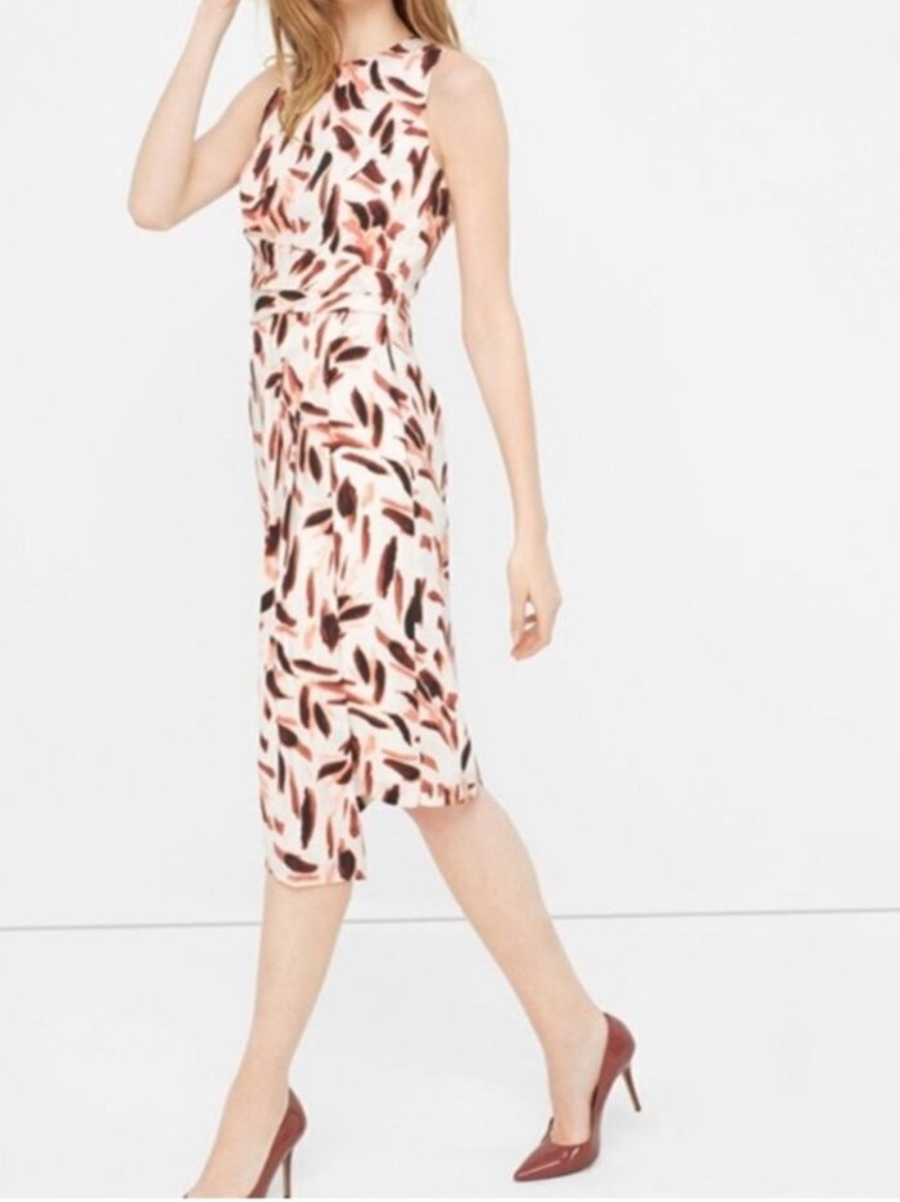 WHBM White Tan Brown Print Sleeveless Fitted Dress